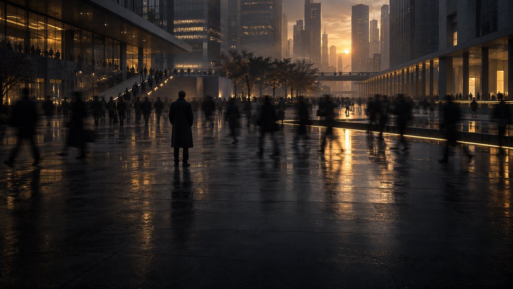 One person standing still in a city plaza while people stream past