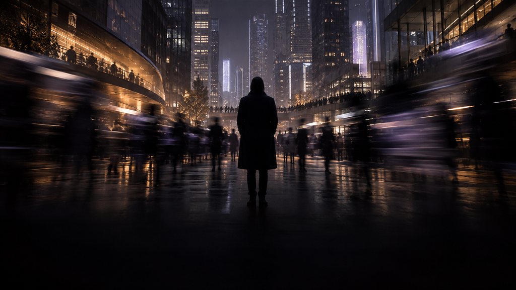 The world blurs into streaks of light around the still person