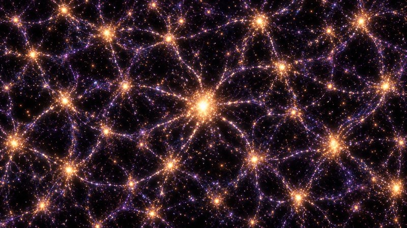 The cosmic web: gold clusters of galaxies linked by violet threads, the same shape as the neurons