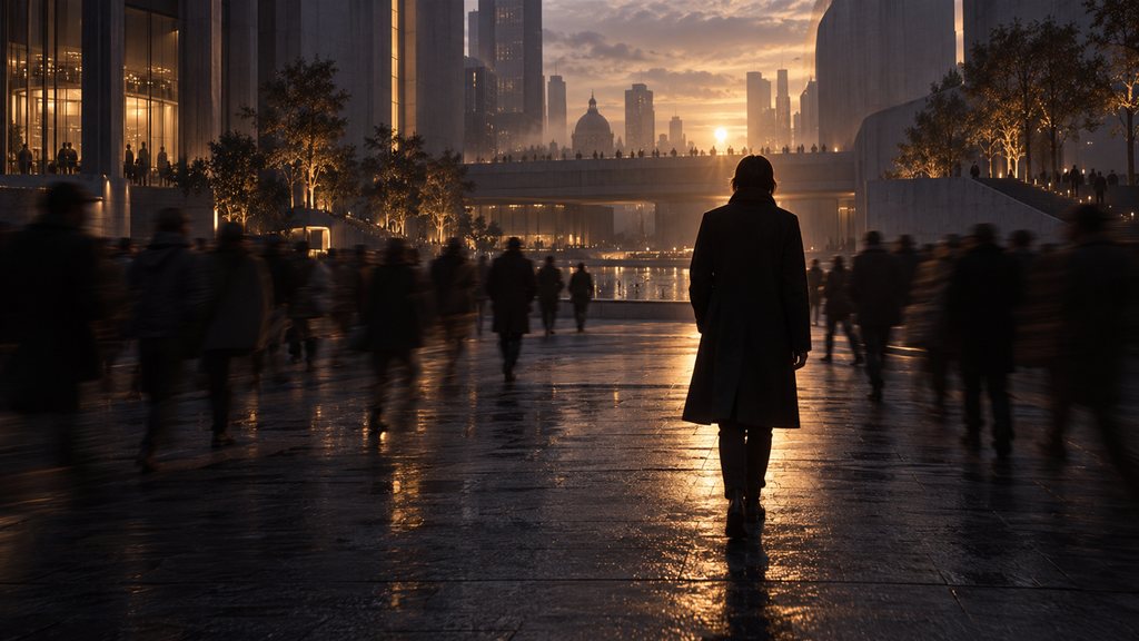 The same person now walking forward into warm light