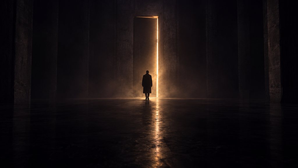 A vast dark hall, a doorway with a thin line of warm light