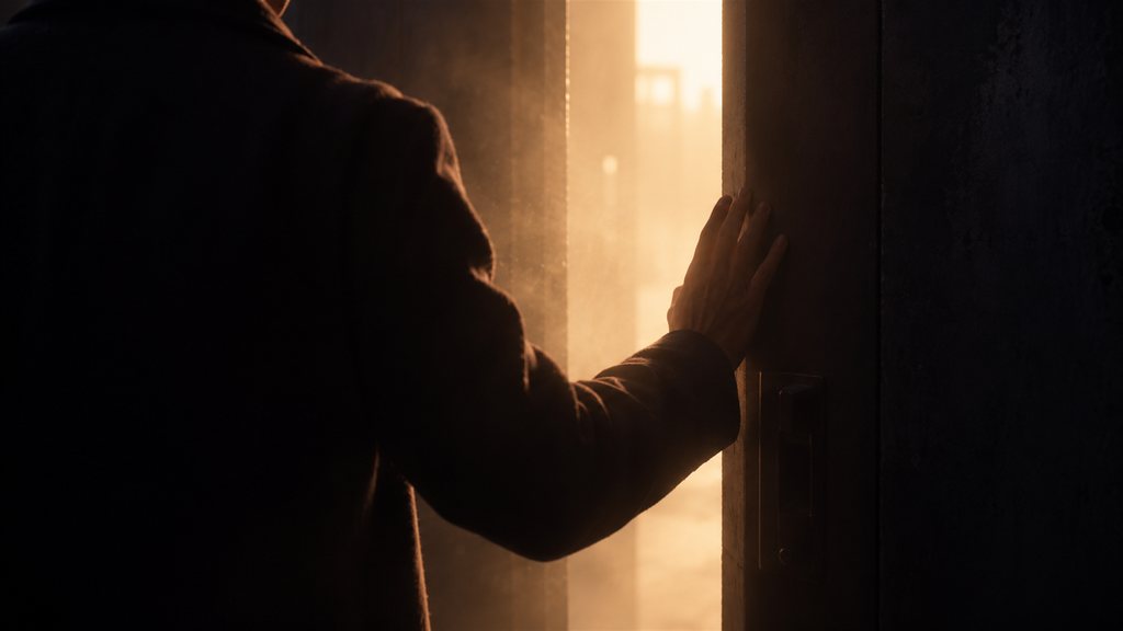 A hand pushing the door open, warm light flooding in